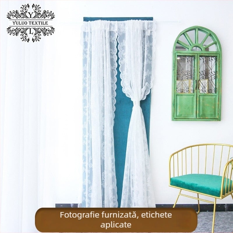 Cortină de ușă din dantelă, stil franțuzesc, dormitor romantic, model floral, voal transparent