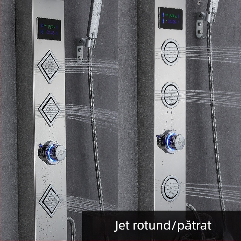 Panou de duș montat pe perete din oțel inox 304 cu afișaj digital și lampă LED