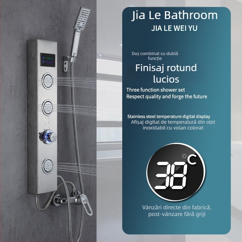 Panou de duș montat pe perete din oțel inox 304 cu afișaj digital și lampă LED