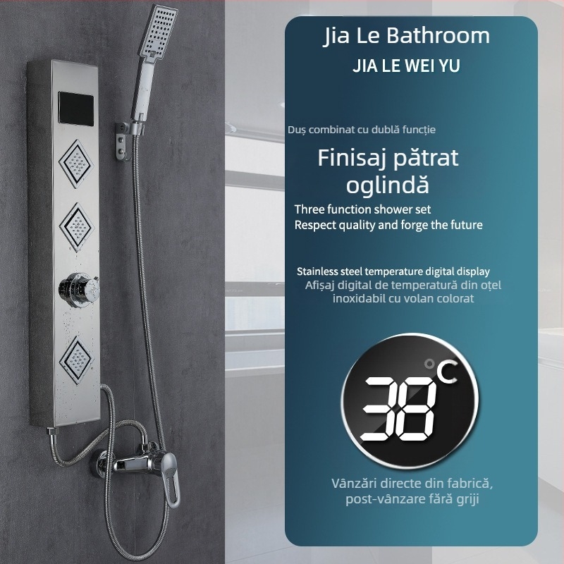 Panou de duș montat pe perete din oțel inox 304 cu afișaj digital și lampă LED