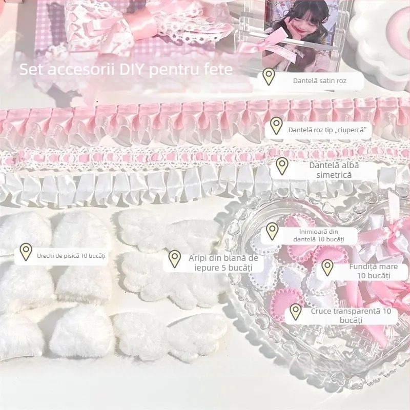 Set de accesorii din dantelă pentru DIY: decorațiuni pentru urechi, haine de păpui și suport pentru carduri – făcut manual