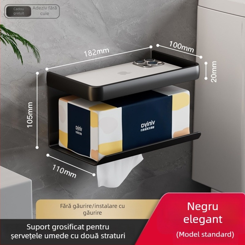 Suport de perete pentru hârtie igienică, cu cutie pentru șervețele și spațiu de depozitare pentru telefon, baie, grafit