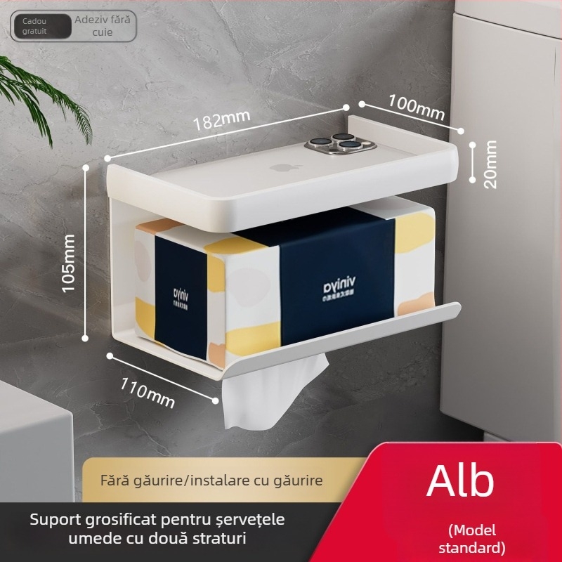 Suport de perete pentru hârtie igienică, cu cutie pentru șervețele și spațiu de depozitare pentru telefon, baie, grafit