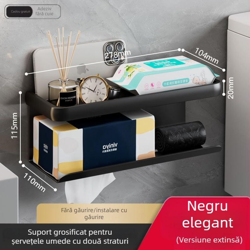 Suport de perete pentru hârtie igienică, cu cutie pentru șervețele și spațiu de depozitare pentru telefon, baie, grafit