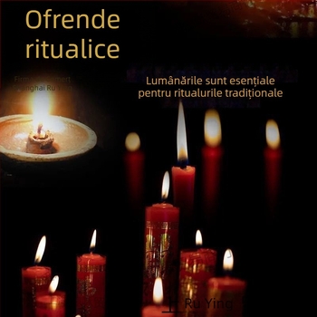 Lumânare din ceară de palmier pentru rugăciuni acasă, cu bețișoare de bambus ascuțite roșii și albe pentru ofrande Bodhisattva și Zeului Prosperității, în fața lui Buddha
