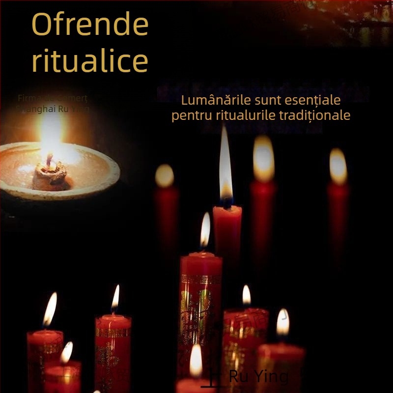Lumânare din ceară de palmier pentru rugăciuni acasă, cu bețișoare de bambus ascuțite roșii și albe pentru ofrande Bodhisattva și Zeului Prosperității, în fața lui Buddha