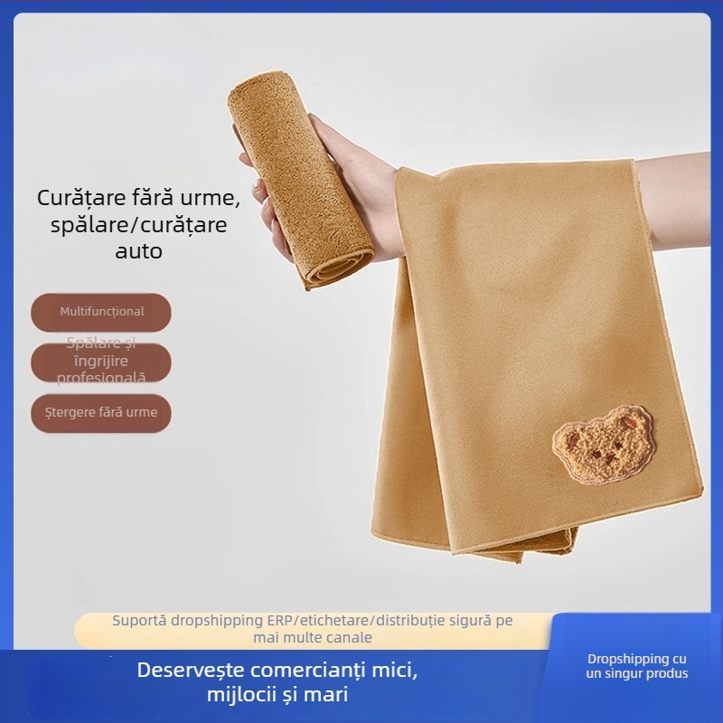 Prosop auto cu ursuleț drăguț, microfibră, velur dublu față pentru curățarea geamurilor din interior
