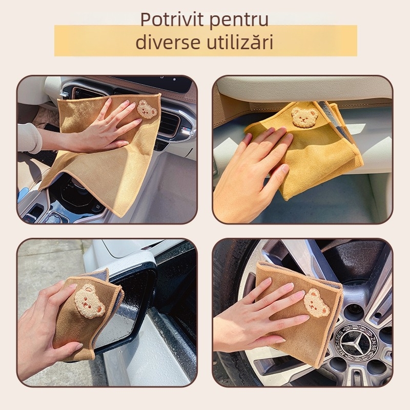 Prosop auto cu ursuleț drăguț, microfibră, velur dublu față pentru curățarea geamurilor din interior