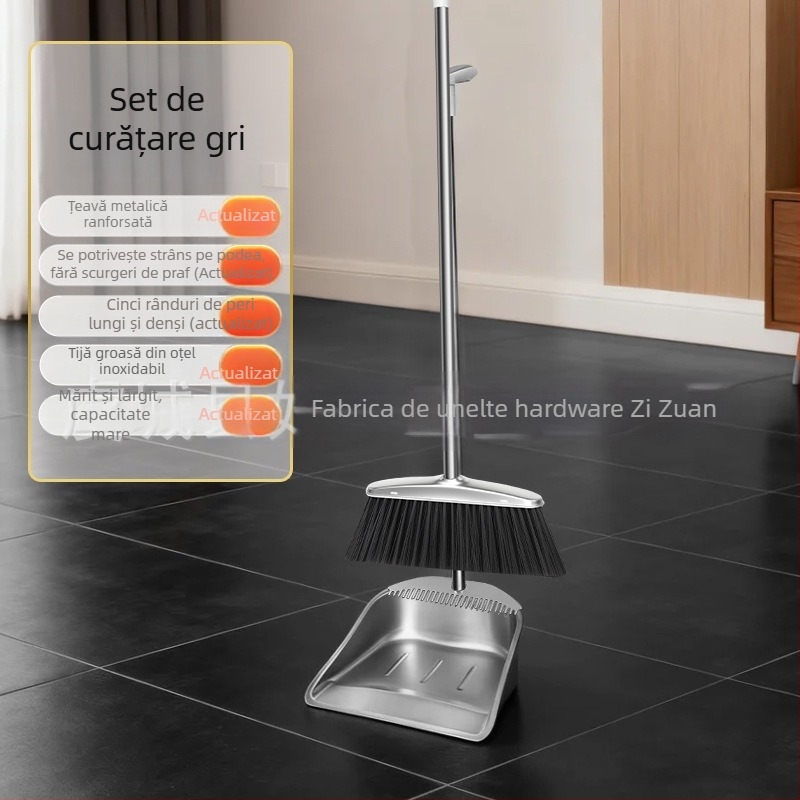 Set mătură din oțel inoxidabil gros cu paletă pentru gunoi – pentru interior și exterior
