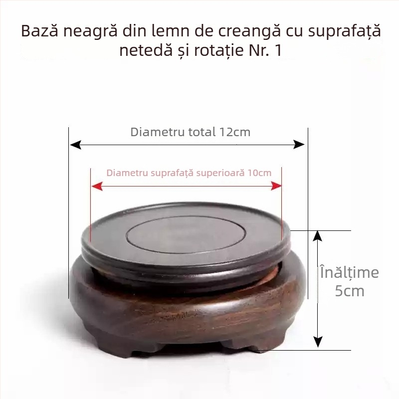 Bază rotativă din abanos, cu ornament sculptat, suport pentru ghiveci și vază din piatră