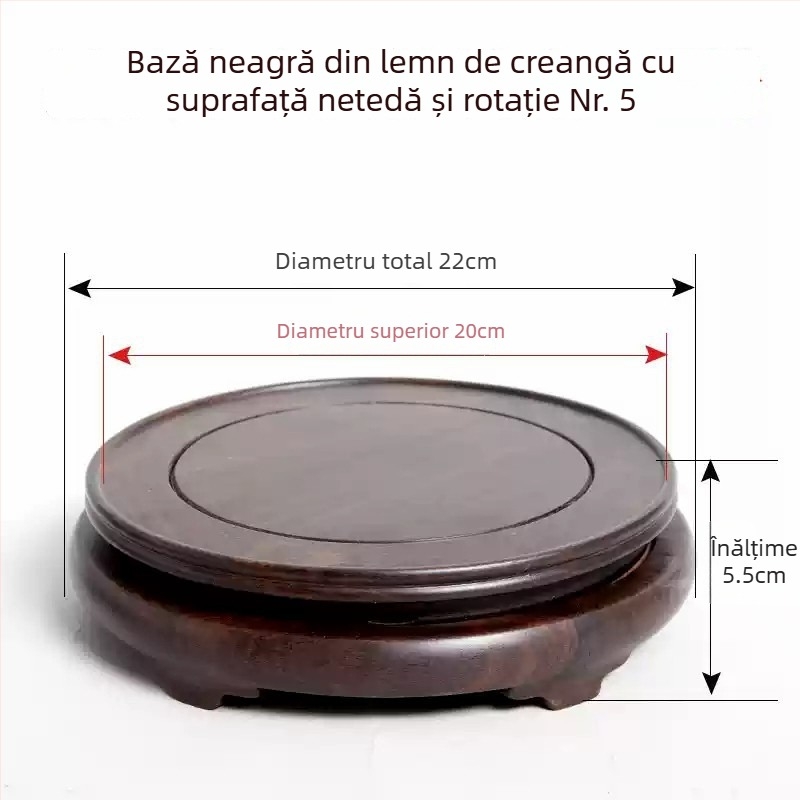 Bază rotativă din abanos, cu ornament sculptat, suport pentru ghiveci și vază din piatră