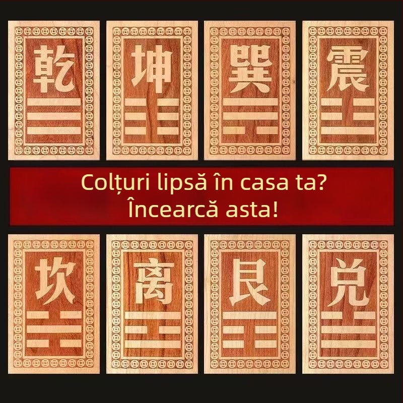 Pandant din lemn de piersic cu Bagua pentru colțul casei, sculptură în lemn cu monedele celor Cinci Împărați