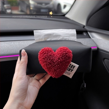 Cutie de șervete auto din pluș, în formă de inimă, pentru cotieră și consola centrală – aspect premium