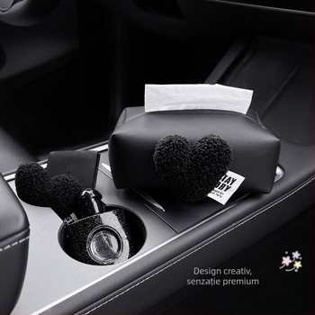 Cutie de șervete auto din pluș, în formă de inimă, pentru cotieră și consola centrală – aspect premium
