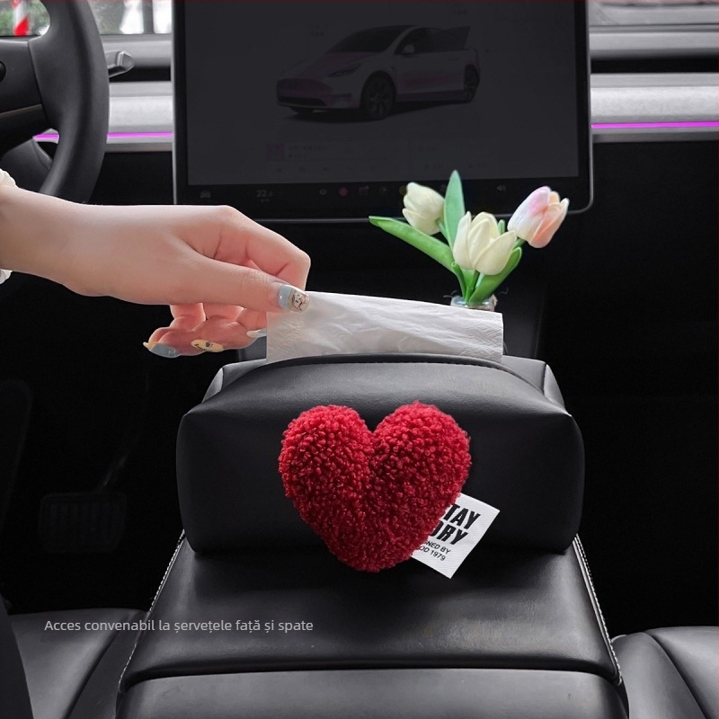 Cutie de șervete auto din pluș, în formă de inimă, pentru cotieră și consola centrală – aspect premium