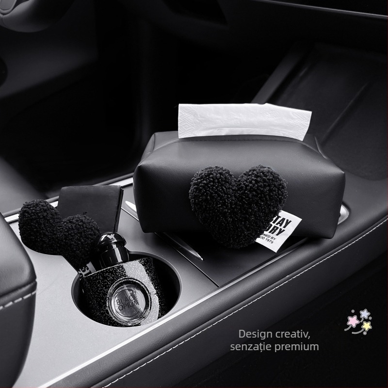 Cutie de șervete auto din pluș, în formă de inimă, pentru cotieră și consola centrală – aspect premium