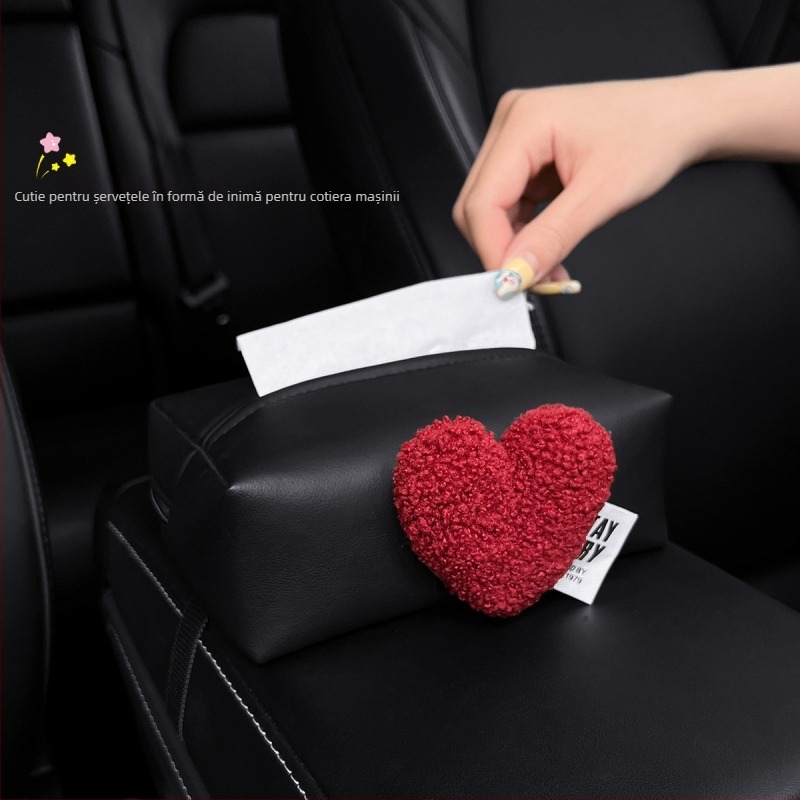 Cutie de șervete auto din pluș, în formă de inimă, pentru cotieră și consola centrală – aspect premium