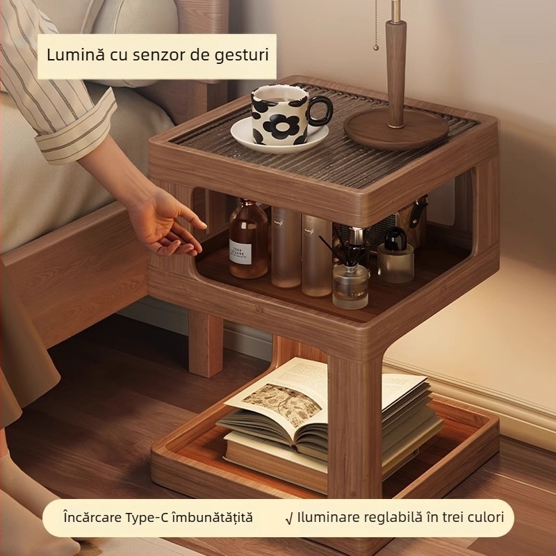 Noptieră din lemn masiv, stil modern minimalist, cu spațiu de depozitare pentru dormitor