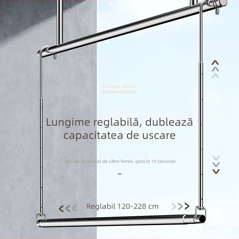 Uscător de haine cu tijă unică, telescopic, din oțel inoxidabil, pliabil