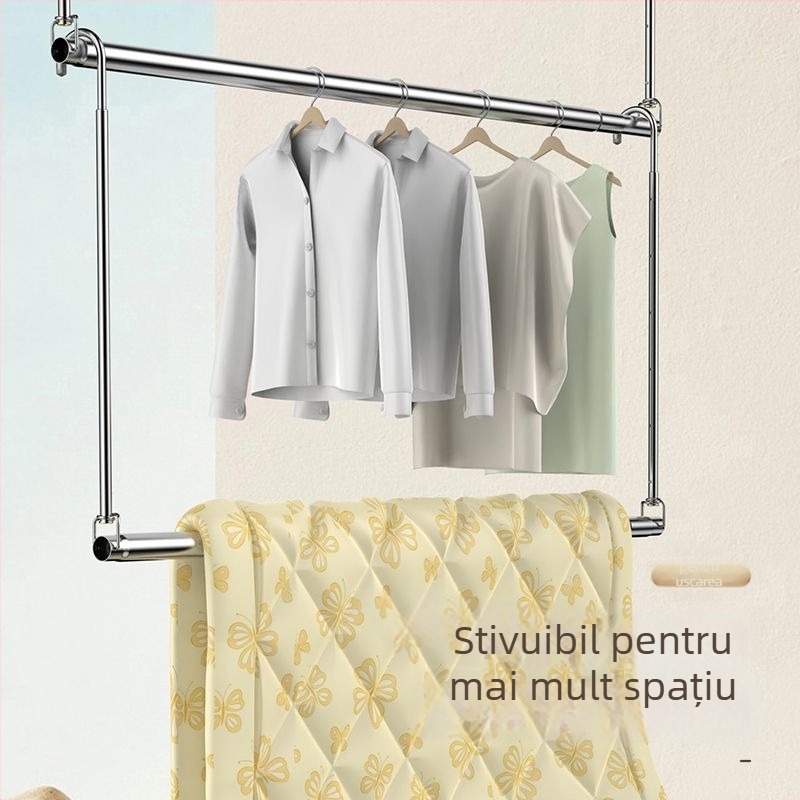 Uscător de haine cu tijă unică, telescopic, din oțel inoxidabil, pliabil