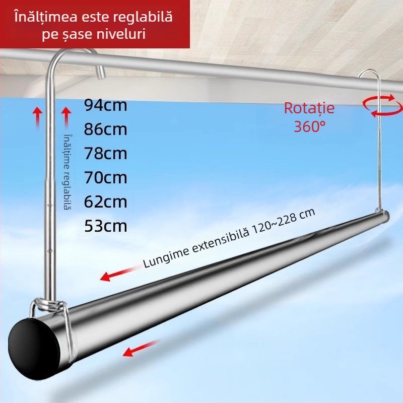 Uscător de haine cu tijă unică, telescopic, din oțel inoxidabil, pliabil
