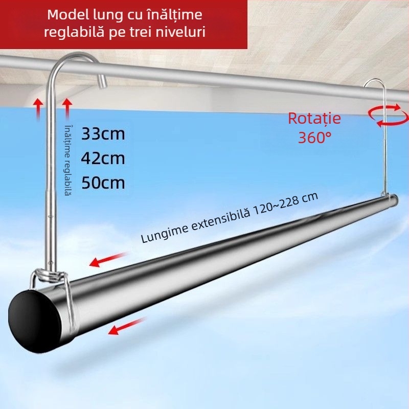 Uscător de haine cu tijă unică, telescopic, din oțel inoxidabil, pliabil