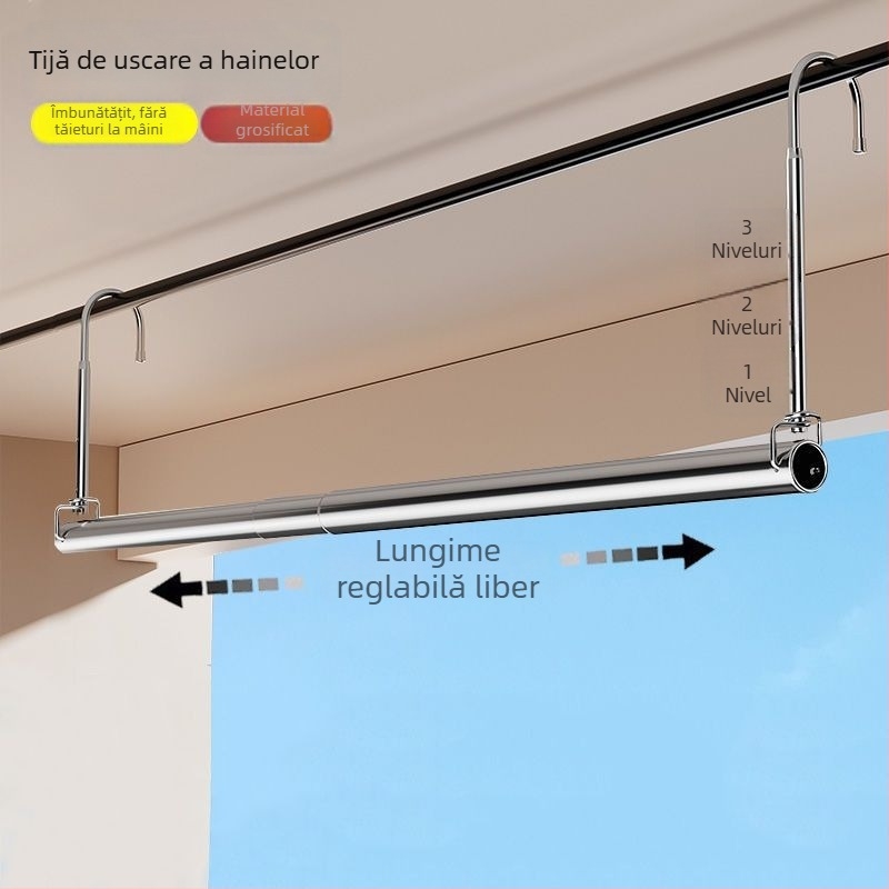 Uscător de haine cu tijă unică, telescopic, din oțel inoxidabil, pliabil