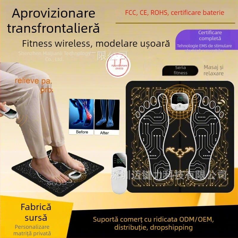 Masajor pentru picioare cu EMS, terapie prin puls, încărcare USB, pernă de masaj pentru talpă și telecomandă