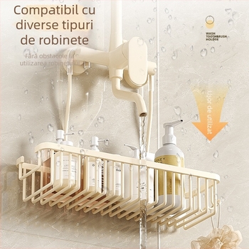 Raft de depozitare baie, fără găuri, coș de duș atârnat, 1 etaj, aliaj de aluminiu, pentru șampon și gel de duș