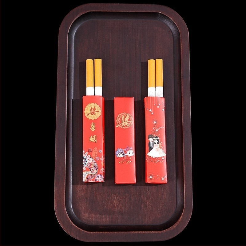 Cutie de țigări pentru nuntă, set de două bucăți, design chinezesc roșu, cu simbolul Fericire Dublă, ambalaj din hârtie cadou