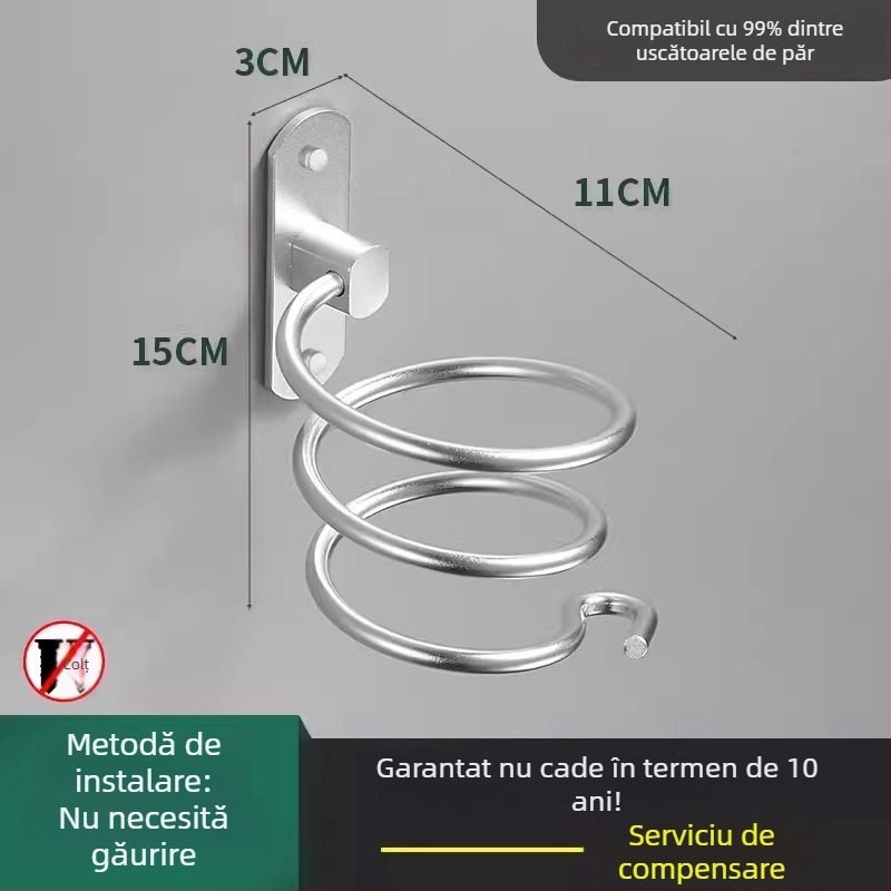 Suport de uscător de păr montat pe perete – organizator de baie fără găuri