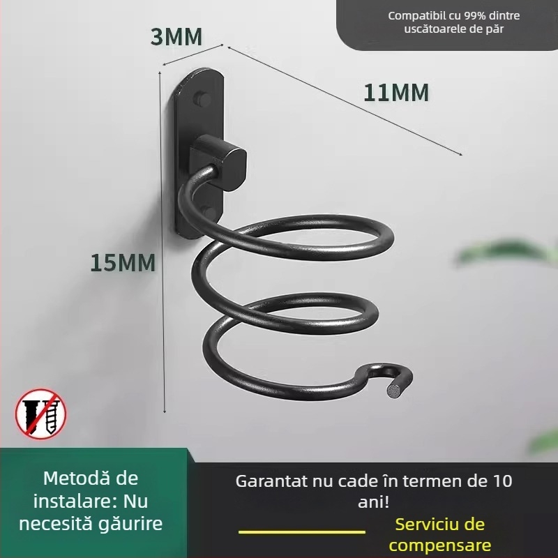 Suport de uscător de păr montat pe perete – organizator de baie fără găuri