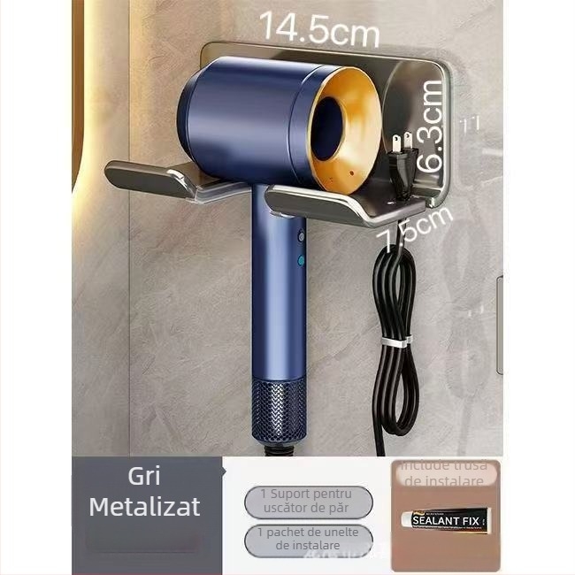Suport pentru uscător de păr, montat pe perete, baie, fără găuri, formă pătrată, un singur nivel, design modern minimalist