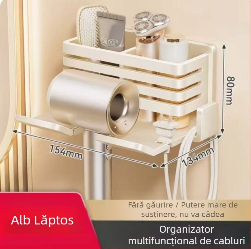 Suport pentru uscător de păr, montat pe perete, baie, fără găuri, formă pătrată, un singur nivel, design modern minimalist