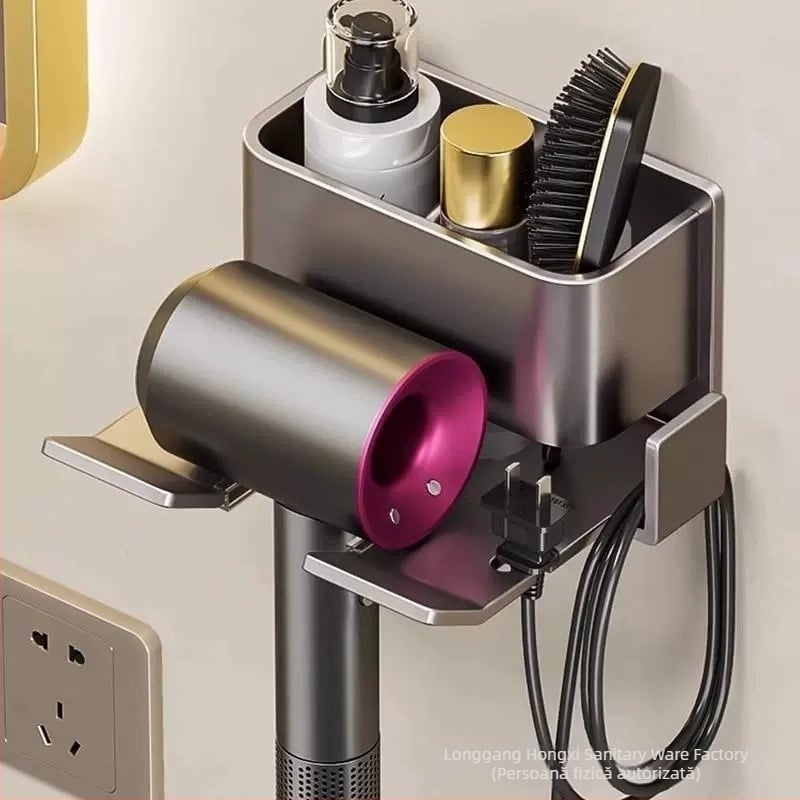 Suport pentru uscător de păr, montat pe perete, baie, fără găuri, formă pătrată, un singur nivel, design modern minimalist