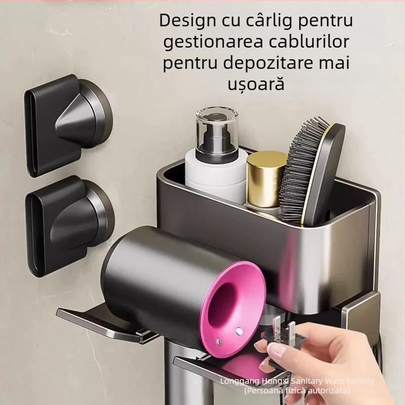 Suport pentru uscător de păr, montat pe perete, baie, fără găuri, formă pătrată, un singur nivel, design modern minimalist
