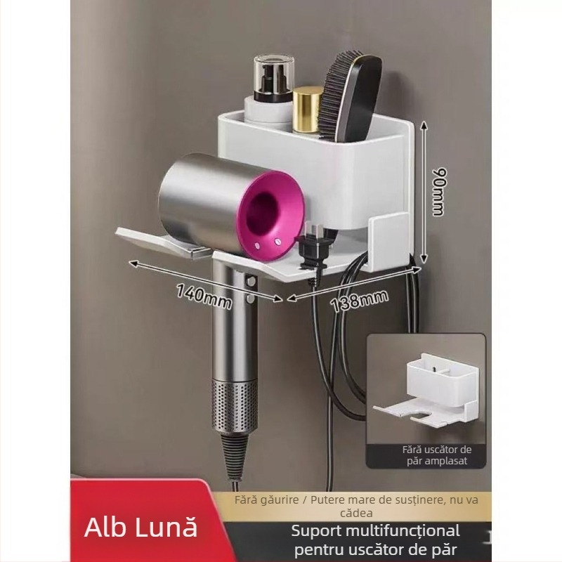 Suport pentru uscător de păr, montat pe perete, baie, fără găuri, formă pătrată, un singur nivel, design modern minimalist
