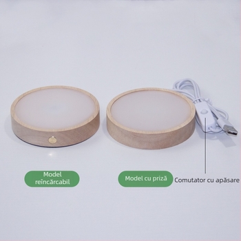 Bază circulară LED din lemn masiv pentru sticla de vin, iluminare de noapte DIY fără fir, bază de lampă din cristal pentru expunere