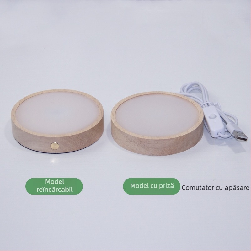 Bază circulară LED din lemn masiv pentru sticla de vin, iluminare de noapte DIY fără fir, bază de lampă din cristal pentru expunere