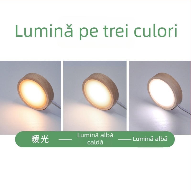 Bază circulară LED din lemn masiv pentru sticla de vin, iluminare de noapte DIY fără fir, bază de lampă din cristal pentru expunere