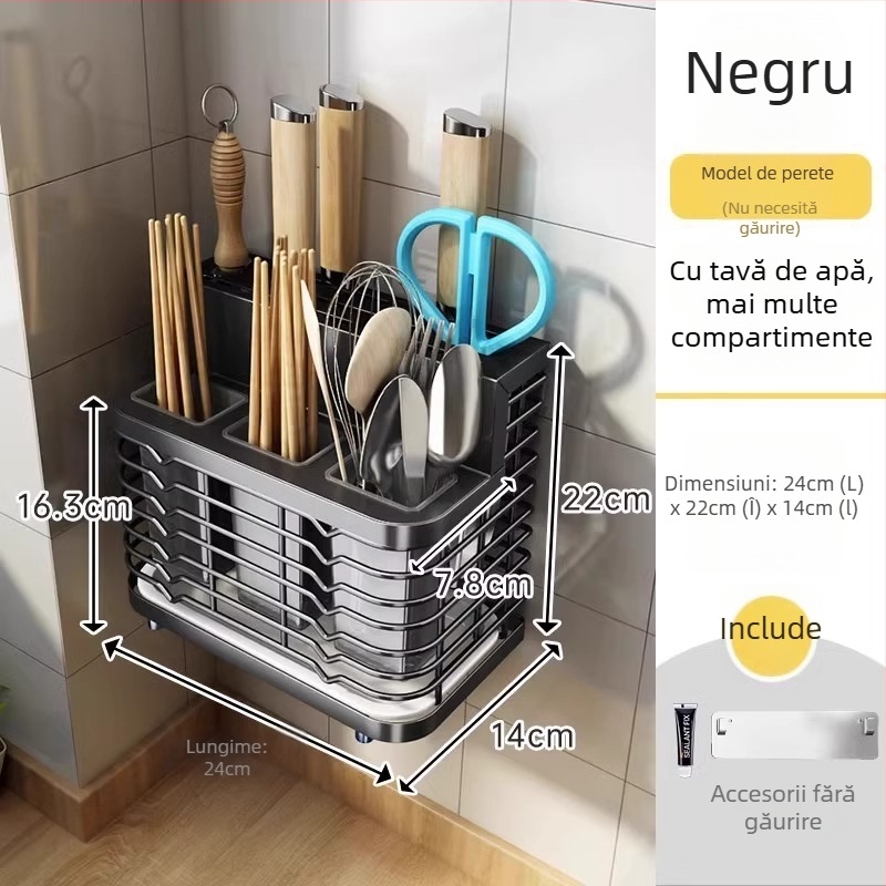 Raft de bucătărie din oțel inoxidabil, montat pe perete, cu suport integrat pentru cuțite și bețișoare, organizator multifuncțional pentru suprafața de lucru