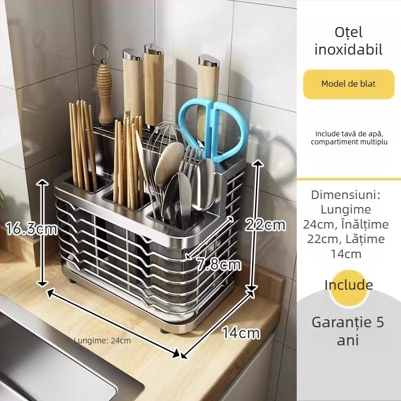 Raft de bucătărie din oțel inoxidabil, montat pe perete, cu suport integrat pentru cuțite și bețișoare, organizator multifuncțional pentru suprafața de lucru