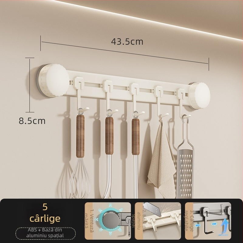 Cârlige de bucătărie cu ventuză, fără găuri, rezistență 3-5 kg, organizator pentru spatule și linguri, design modern, set de 8 piese, ABS