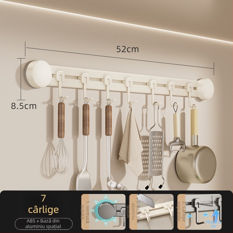 Cârlige de bucătărie cu ventuză, fără găuri, rezistență 3-5 kg, organizator pentru spatule și linguri, design modern, set de 8 piese, ABS