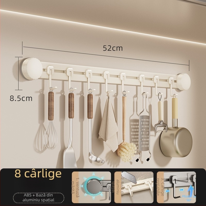 Cârlige de bucătărie cu ventuză, fără găuri, rezistență 3-5 kg, organizator pentru spatule și linguri, design modern, set de 8 piese, ABS