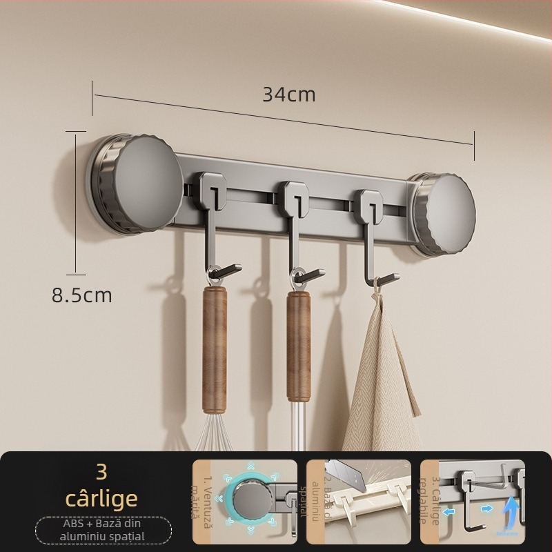 Cârlige de bucătărie cu ventuză, fără găuri, rezistență 3-5 kg, organizator pentru spatule și linguri, design modern, set de 8 piese, ABS