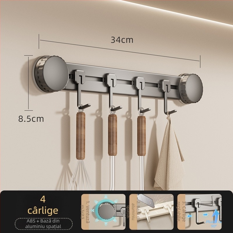Cârlige de bucătărie cu ventuză, fără găuri, rezistență 3-5 kg, organizator pentru spatule și linguri, design modern, set de 8 piese, ABS