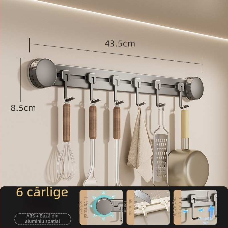 Cârlige de bucătărie cu ventuză, fără găuri, rezistență 3-5 kg, organizator pentru spatule și linguri, design modern, set de 8 piese, ABS