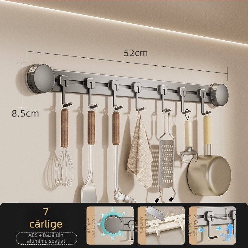 Cârlige de bucătărie cu ventuză, fără găuri, rezistență 3-5 kg, organizator pentru spatule și linguri, design modern, set de 8 piese, ABS