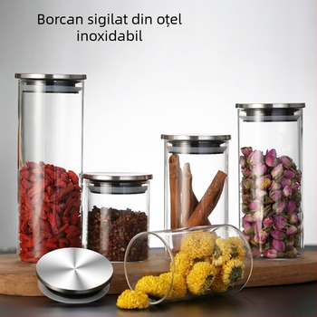 Recipient din sticlă borosilikată sigilat cu capac din bambus, recipiente transparente pentru ceai în mai multe dimensiuni